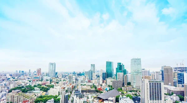 Koncepcja biznesu i kultury - panoramiczny nowoczesne miasto skyline ptak oko ptaka z Tokio wieża pod dramatyczne rano niebieski pochmurnego nieba w Tokyo, Japonia — Zdjęcie stockowe