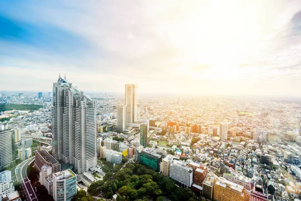 Tokyo, Japonya'da bulutlu gökyüzü mavi panoramik modern şehir manzarası kuş gözü havadan görünümü dramatik güneş ve sabah altında iş ve kültür kavramı-