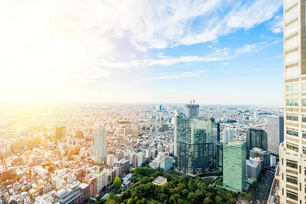 Business and culture concept - panoramic modern city skyline bird eye aerial view with Tokyo Metropolitan Government Building under dramatic sun and morning blue cloudy sky in Tokyo, Japan