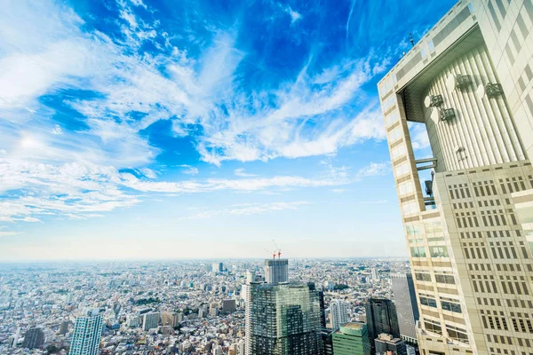Business and culture concept - panoramic modern city skyline bird eye aerial view with Tokyo Metropolitan Government Building under dramatic sun and morning blue cloudy sky in Tokyo, Japan