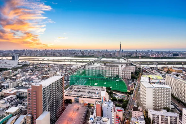 Business and culture concept - panoramic modern city skyline bird eye aerial view with Mountain Fuji and tokyo skytree under dramatic sunset glow and beautiful cloudy sky in Tokyo, Japan