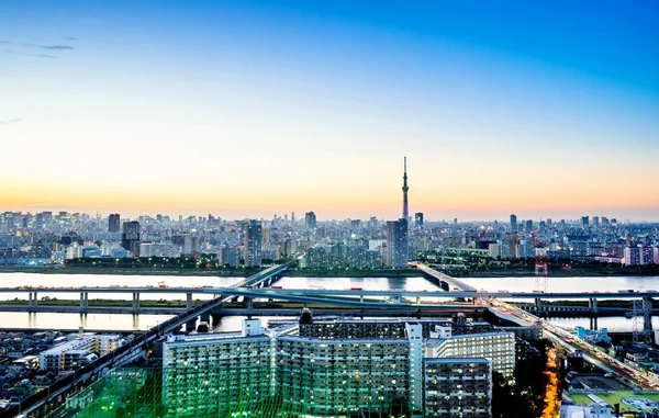 Forretning koncept for fast ejendom corporate byggeri panoramisk moderne byens skyline fugl øje antenne nat udsigt med tokyo skytree under dramatisk glød og smuk mørkeblå himmel i Tokyo, Japan - Stock-foto