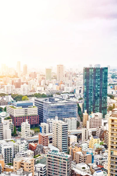 Sabah mavi parlak gökyüzü Tokyo, Japonya ve Asya iş kavramı emlâk ve kurumsal inşaat - dikey modern cityscape bina kuş göz tokyo Tower gündoğumu altında havadan görünümü — Stok fotoğraf