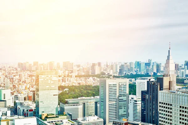 Asia üzleti koncepció ingatlan és vállalati építése - épület panorámás modern városkép madár szeme légifelvételek alapján napkelte és reggel kék világos ég, Tokyo, Japán — Stock Fotó