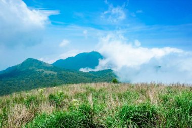 Güzel sabah, dramatik bulut deniz, otlak parlak mavi gökyüzü Yangmingshan(Yang ming Mountain) Milli Parkı'nda Tayvan altında panoramik kuş gözü havadan görünümü
