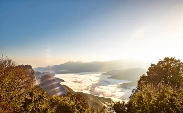 Çok güzel bir sabah gündoğumu, dramatik bulut Denizi, dev kayalar ve Yushan mounatin Alishan(Ali mountain) Milli Parkı, Tayvan parlak mavi gökyüzü altında