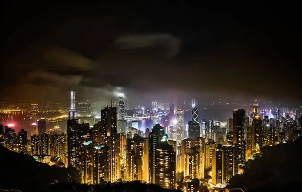 Business concept for real estate and corporate construction - panoramic modern city skyline bird eye aerial view with night sky in Hong Kong (HK), China