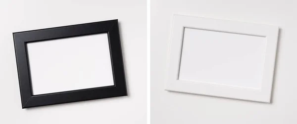 デザインコンセプト モックアップのための白い背景に隔離された白と黒の木の写真フレームのトップビュー それは実際の写真ではなく3Dレンダリング ストック写真