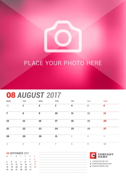 Wandkalender Planer für 2017 Jahr. Vektordruckvorlage mit Platz für Foto. Die Woche beginnt am Montag. 2 Monate auf Seite. august — Stockvektor