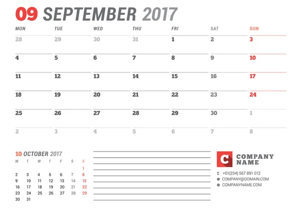 Kalendervorlage für 2017 Jahr. September. Vorlage Geschäftsplaner 2017. Schreibwarendesign. Die Woche beginnt am Montag. 2 Monate auf der Seite. Vektorillustration — Stockvektor