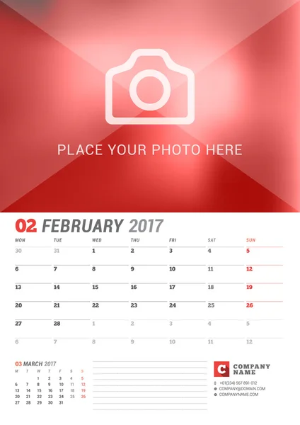 Wandkalender Planer für 2017 Jahr. Vektordruckvorlage mit Platz für Foto. Die Woche beginnt am Montag. 2 Monate auf Seite. Februar — Stockvektor