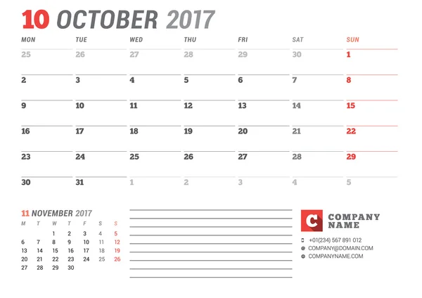 Modèle de calendrier pour 2017 Année. Octobre. Modèle de planification d'entreprise 2017. Papeterie Design. La semaine commence lundi. 2 mois sur la page. Illustration vectorielle — Image vectorielle