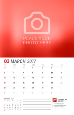2017 Yılı Duvar Takvimi Planlayıcısı. Fotoğraf Için Yer ile Vektör Yazdırma Şablonu. Hafta Pazar başlar. Sayfada 2 Ay. Mart