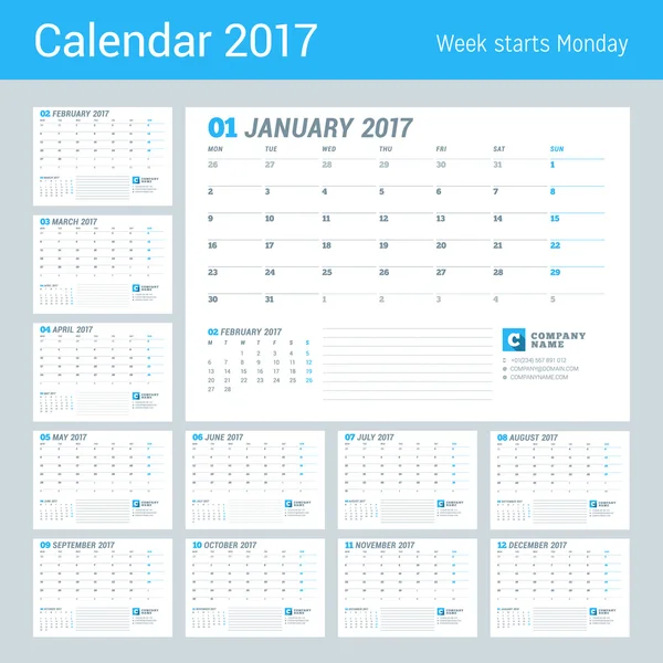 2017 Yılı Takvim Şablonu. İş Planlayıcısı 2017 Şablonu. Kırtasiye Tasarımı. Hafta pazartesi başlıyor. 12 Ay'a ayarlandı. Vektör İllüstrasyonu — Stok Vektör