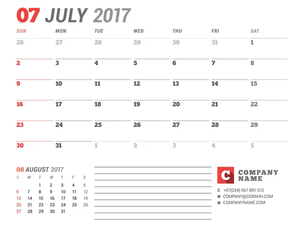 Шаблон календаря на 2017 год. Июль. Шаблон бизнес-плана 2017. Канцелярский дизайн. Неделя начинается в воскресенье. 2 месяца на странице. Векторная миграция — стоковый вектор