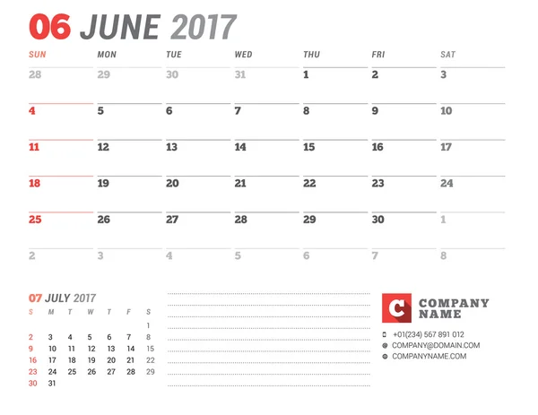 Szablon kalendarza dla 2017 rok. Czerwca. Business Planner 2017 szablon. Projektowanie papeterii. Tydzień rozpoczyna się niedziela. 2 miesiące na stronie. Ilustracja wektorowa — Wektor stockowy