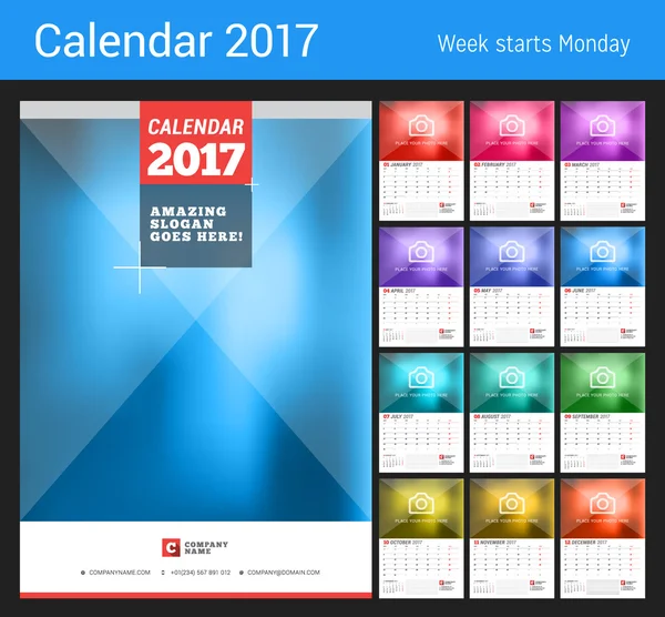 Wall Calendar Planner para 2017 Ano. Modelo de impressão vetorial com lugar para foto. A semana começa segunda-feira. 12 Meses e Página de Capa —  Vetores de Stock