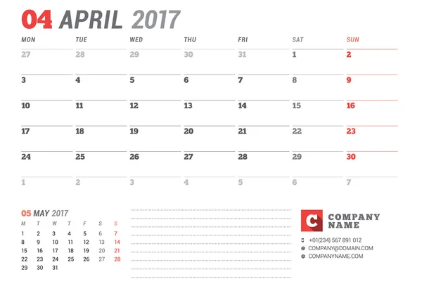 2017 Yılı Takvim Şablonu. Nisan. İş Planlayıcısı 2017 Şablonu. Kırtasiye Tasarımı. Hafta pazartesi başlıyor. Sayfada 2 Ay. Vektör İllüstrasyonu — Stok Vektör