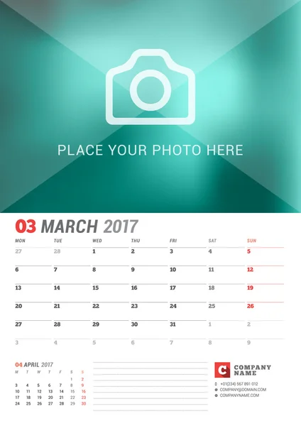 Vägg kalender Planner för 2017 år. Vector utskriftsmall med plats för foto. Veckan börjar måndag. 2 månader på sidan. Mars — Stock vektor