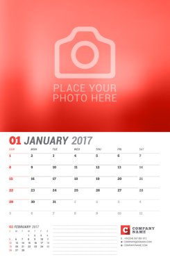 2017 Yılı Duvar Takvimi Planlayıcısı. Fotoğraf Için Yer ile Vektör Yazdırma Şablonu. Hafta Pazar başlar. Sayfada 2 Ay. Ocak