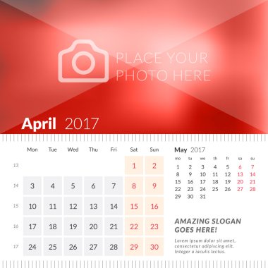 Nisan 2017. 2017 Yılı Masa Takvimi. Hafta Pazartesi başlar. Sayfada 2 Ay. Fotoğraf Yeri ile Vektör Tasarım Yazdırma Şablonu