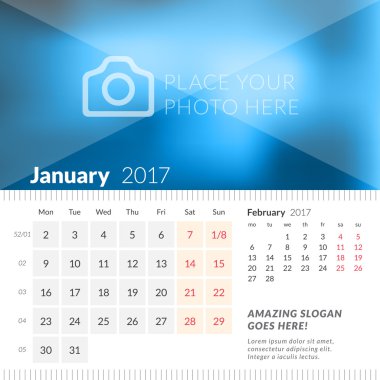 Ocak 2017. 2017 Yılı Masa Takvimi. Hafta Pazartesi başlar. Sayfada 2 Ay. Fotoğraf Yeri ile Vektör Tasarım Yazdırma Şablonu