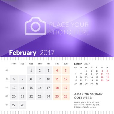 Şubat 2017. 2017 Yılı Masa Takvimi. Hafta Pazartesi başlar. Sayfada 2 Ay. Fotoğraf Yeri ile Vektör Tasarım Yazdırma Şablonu