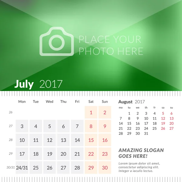 Juli 2017. schreibtischkalender für 2017 jahr. Die Woche beginnt am Montag. 2 Monate auf Seite. Vektor Design Druckvorlage mit Platz für Foto — Stockvektor