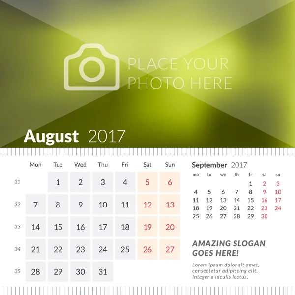 August 2017. schreibtisch kalender für 2017 jahr. Die Woche beginnt am Montag. 2 Monate auf Seite. Vektor Design Druckvorlage mit Platz für Foto — Stockvektor