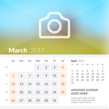 Mart 2017. 2017 Yılı Masa Takvimi. Hafta Pazar başlar. Sayfada 2 Ay. Fotoğraf Yeri ile Vektör Tasarım Yazdırma Şablonu