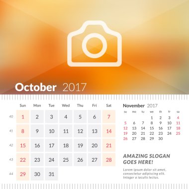 Ekim 2017. 2017 Yılı Masa Takvimi. Hafta Pazar başlar. Sayfada 2 Ay. Fotoğraf Yeri ile Vektör Tasarım Yazdırma Şablonu