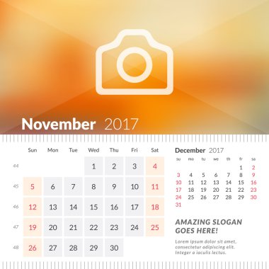 Kasım 2017. 2017 Yılı Masa Takvimi. Hafta Pazar başlar. Sayfada 2 Ay. Fotoğraf Yeri ile Vektör Tasarım Yazdırma Şablonu