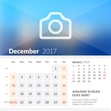 Aralık 2017. 2017 Yılı Masa Takvimi. Hafta Pazar başlar. Sayfada 2 Ay. Fotoğraf Yeri ile Vektör Tasarım Yazdırma Şablonu