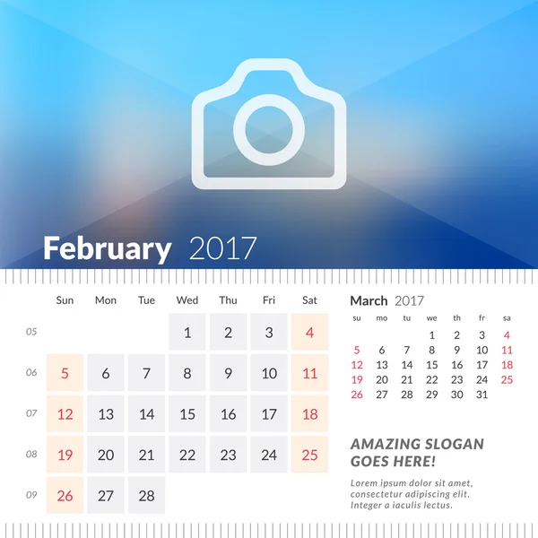 Fevereiro de 2017. Calendário de Mesa para 2017 Ano. A semana começa no domingo. 2 Meses na página. Modelo de impressão de design vetorial com lugar para foto —  Vetores de Stock