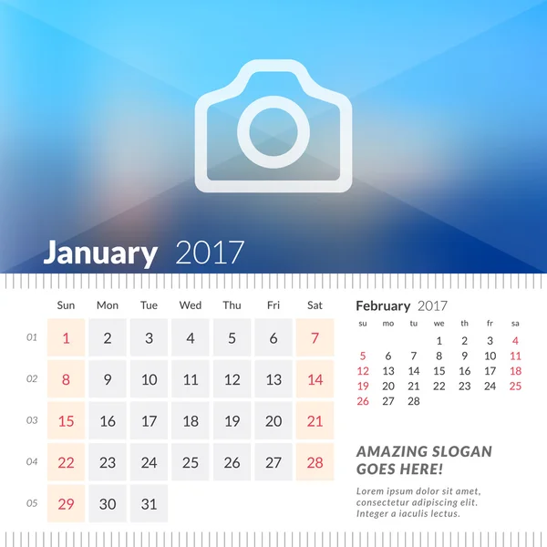 Janeiro de 2017. Calendário de Mesa para 2017 Ano. A semana começa no domingo. 2 Meses na página. Modelo de impressão de design vetorial com lugar para foto — Vetor de Stock