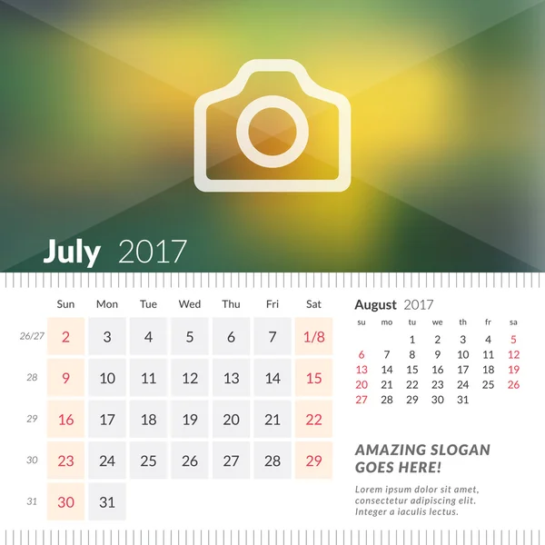 Julio de 2017. Calendario de escritorio para 2017 Año. La semana empieza el domingo. 2 meses en la página. Plantilla de impresión de diseño vectorial con lugar para fotografía — Vector de stock