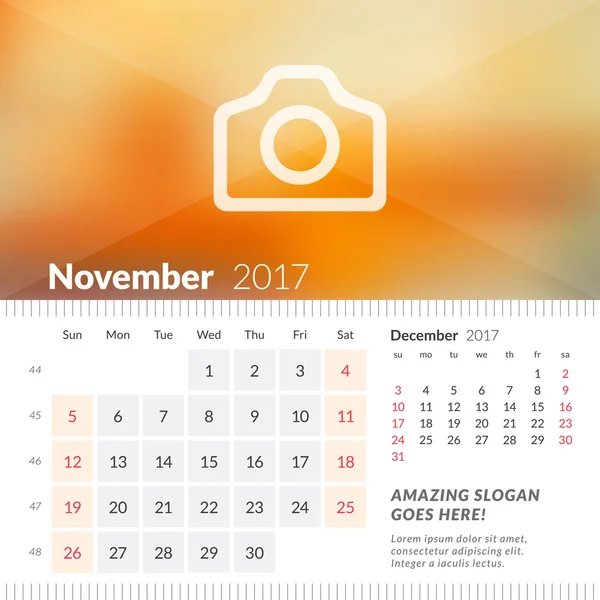 Novembro de 2017. Calendário de Mesa para 2017 Ano. A semana começa no domingo. 2 Meses na página. Modelo de impressão de design vetorial com lugar para foto —  Vetores de Stock