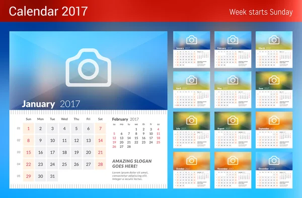 Calendário para 2017 Ano. A semana começa no domingo. 2 Meses na página. Conjunto de 12 Meses. Modelo de impressão de design vetorial com lugar para foto —  Vetores de Stock