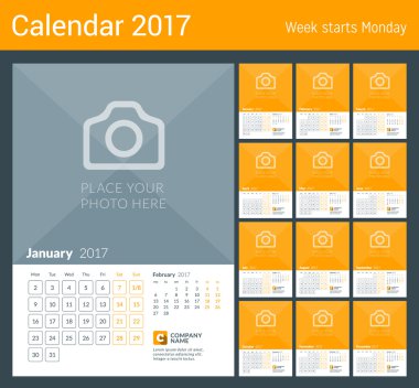 2017 Yılı Duvar Takvimi. Fotoğraf Için Yer ile Vektör Yazdırma Şablonu. Hafta Pazartesi başlar. Sayfada 2 Ay. 12 Ay Seti
