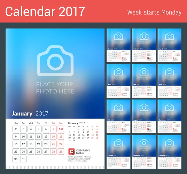 Calendario de Pared 2017 Año. Plantilla de impresión vectorial con lugar para la foto. La semana empieza el lunes. 2 meses en la página. Conjunto de 12 meses — Vector de stock