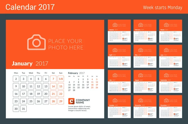 2017 Yılı Takvimi. Hafta Pazartesi başlar. Sayfada 2 Ay. Fotoğraf ve Şirket Logosu için Yer ile Vektör Tasarım Baskı Şablonu
