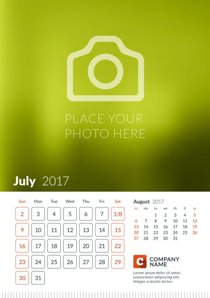 Настінний календар на 2017 рік. Векторний друк шаблону з місцем для фотографії. Тиждень починається неділя. 2 місяці на сторінці. липня — стоковий вектор