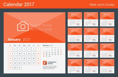 2017 yıl için takvim. Hafta başlar Pazar. Sayfa 2 ay. Vektör tasarım yazdırma şablonu ile fotoğraf ve şirket logosu için yer