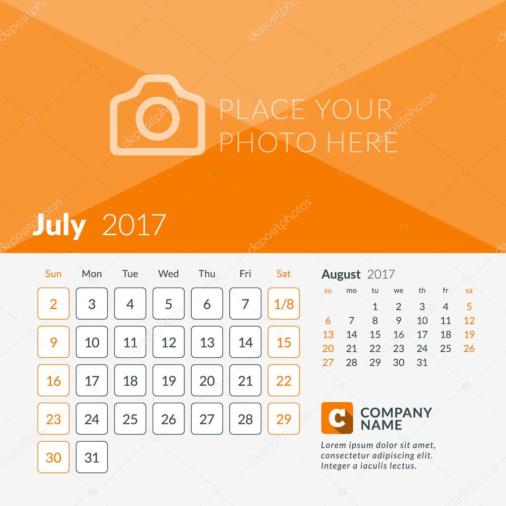 July 2017. Calendar for 2017 Year. Week Starts Sunday. 2 Months on Page. Vector Design Print Template with Place for Photo and Company Logo