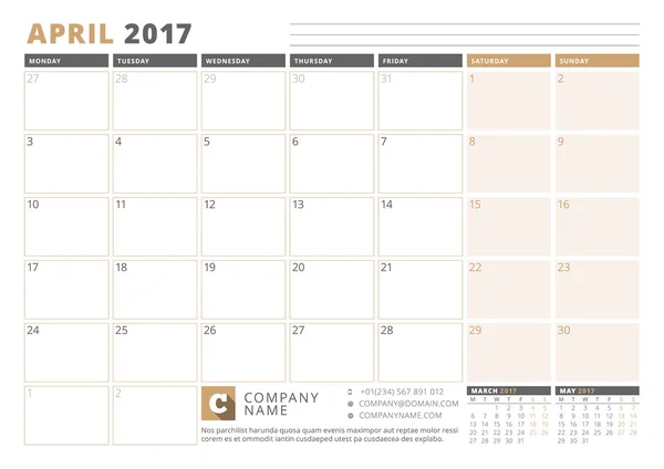 Szablon kalendarza na rok 2017. Kwietnia. Business Planner 2017 szablonu. Projektowanie papeterii. Tydzień rozpoczyna się w poniedziałek. 3 miesięcy na stronie. Ilustracja wektorowa — Wektor stockowy