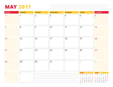 2017 yılı takvim planlayıcısı şablonu. Olabilir. İleti örneği tasarımı. Haftası Pazar günü başlar. Sayfa 3 ay. Vektör çizim