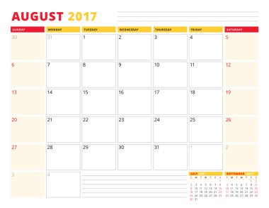 2017 yılı takvim planlayıcısı şablonu. Ağustos. İleti örneği tasarımı. Haftası Pazar günü başlar. Sayfa 3 ay. Vektör çizim
