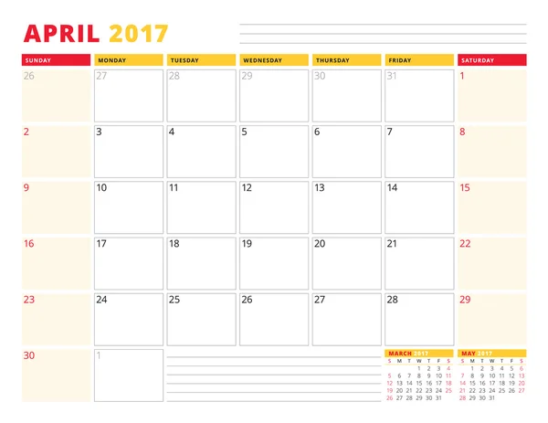 Modelo de Planejador de Calendário para 2017 Ano. Abril. Desenho de papelaria. A semana começa domingo. 3 Meses na página. Ilustração vetorial — Vetor de Stock