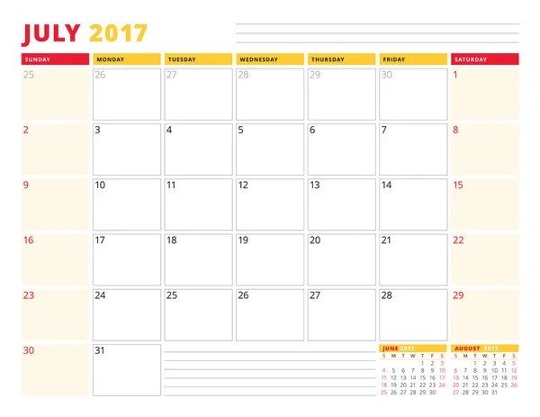 Шаблон календаря на 2017 год. Июль. Канцелярский дизайн. Неделя начинается в воскресенье. 3 месяца на странице. Векторная миграция — стоковый вектор