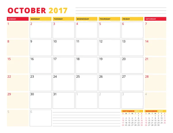 Calendar Planner Template for 2017 Year. October. Stationery Design. Week starts Sunday. 3 Months on Page. Vector Illustration — Stockový vektor
